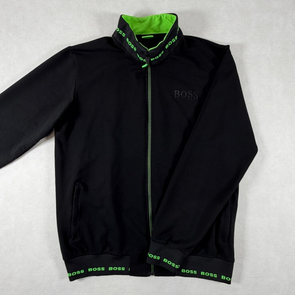 Hugo Boss Mens XXL Full Zip Track Jacket Black Neon Green Logo Mock Neck Sport